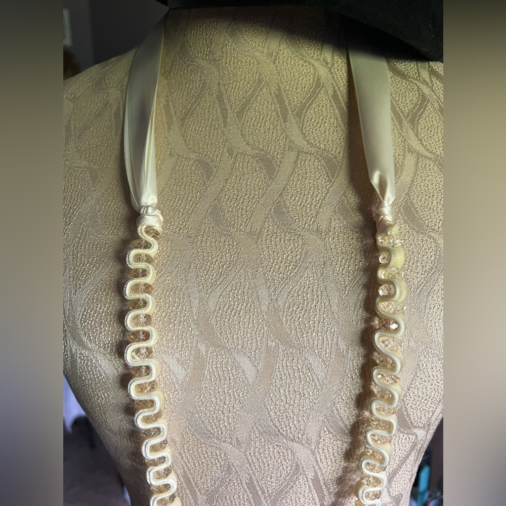 Chico's Cream Velvet Satin Ribbon Beaded Sautoir Necklace - Picture 3 of 8